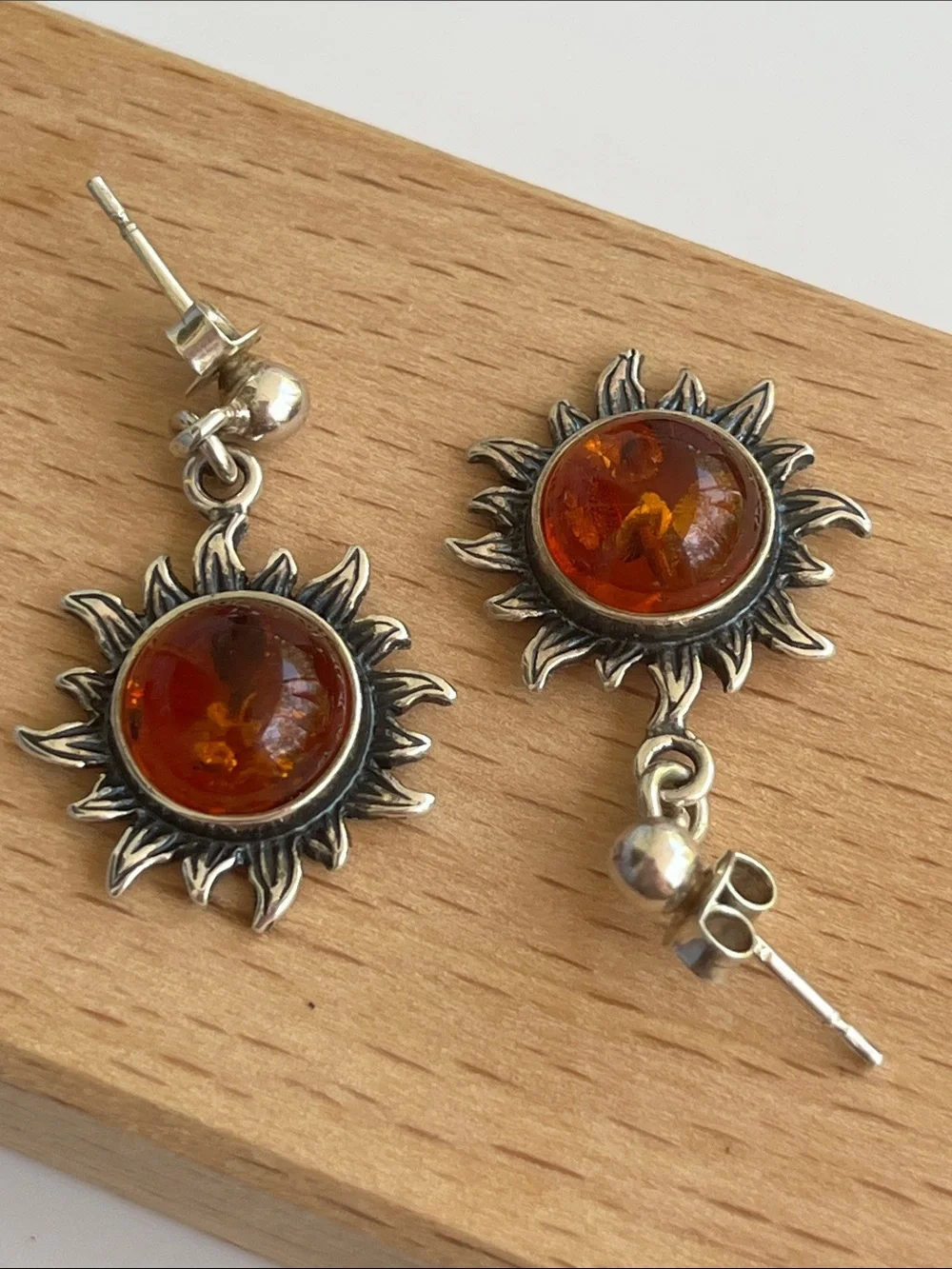 Sterling Silver Amber Sunburst Dangle Earrings - Picture 13 of 13